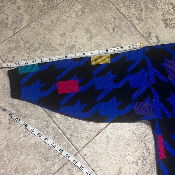 Vintage 80s Plus Size Houndstooth Geometric Funky Acrylic Dress Blue Yellow Pink - Picture 10 of 10